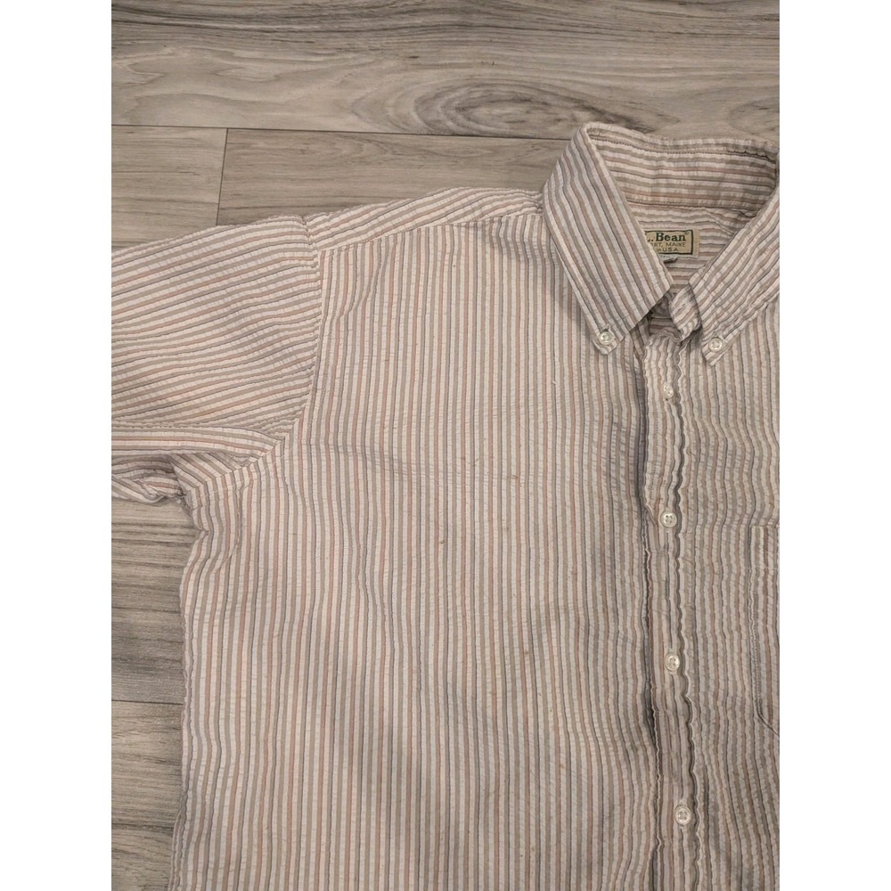 LL Bean Seersucker Shirt Mens L Tan Striped Short Sleeve Button Up Vintage USA - Picture 7 of 16